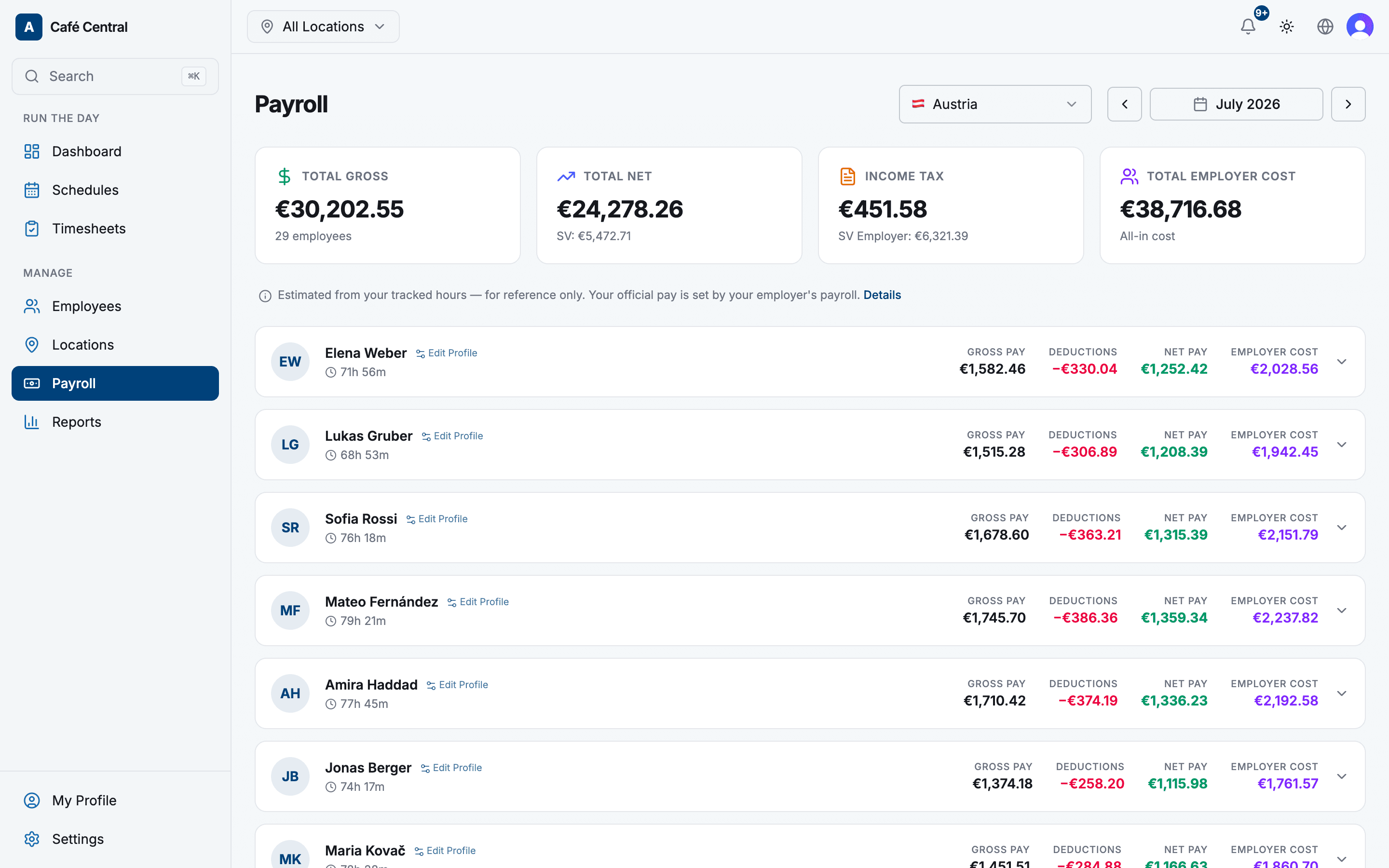 Atteny's payroll view with gross, net, income tax and total employer cost