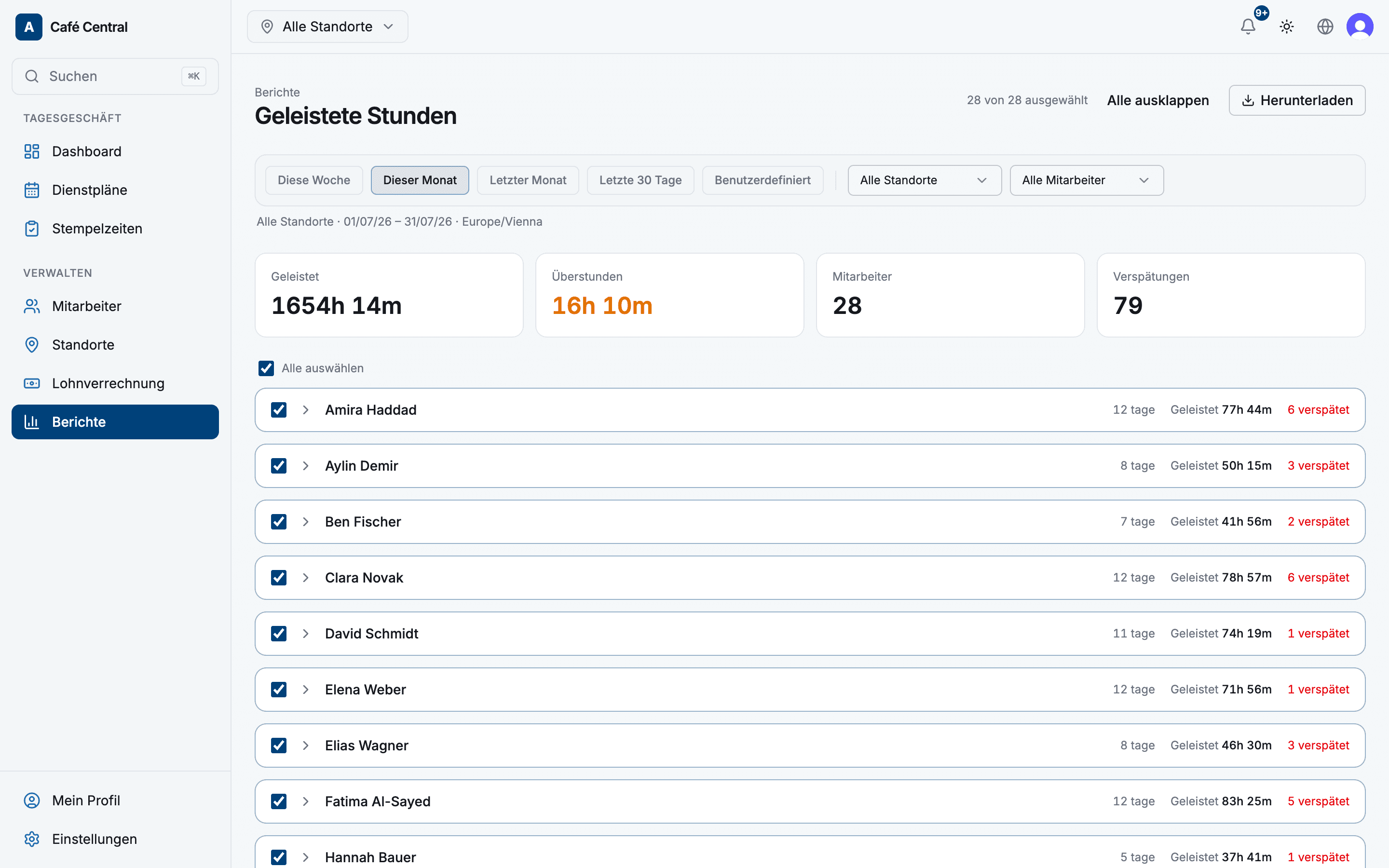 Attenys Stunden-Report mit Summen und Drill-down pro Person
