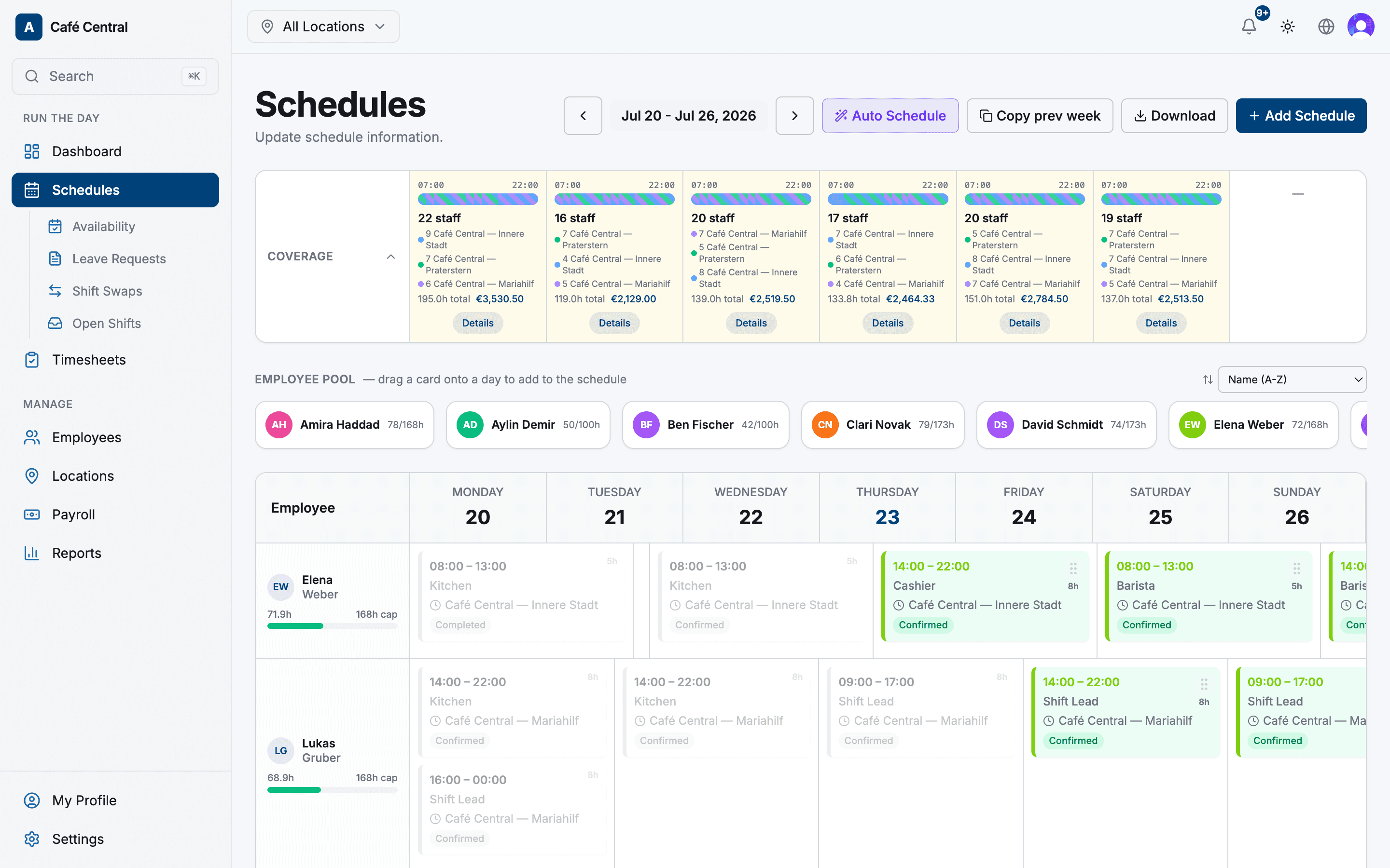 Atteny's schedule week view with coverage bar, employee pool and drag-and-drop shifts