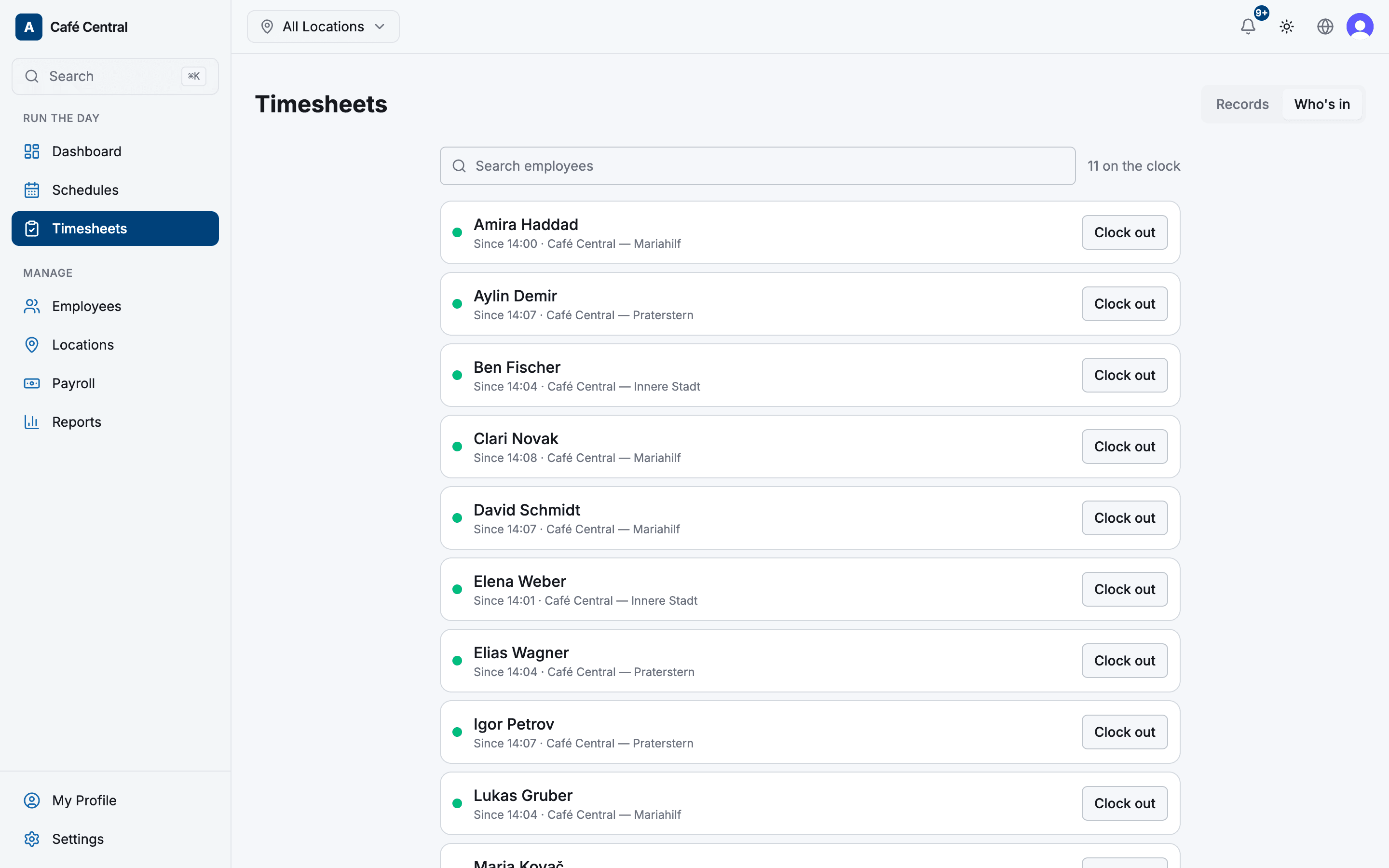 Atteny's live who's-in board with clocked-in employees across locations