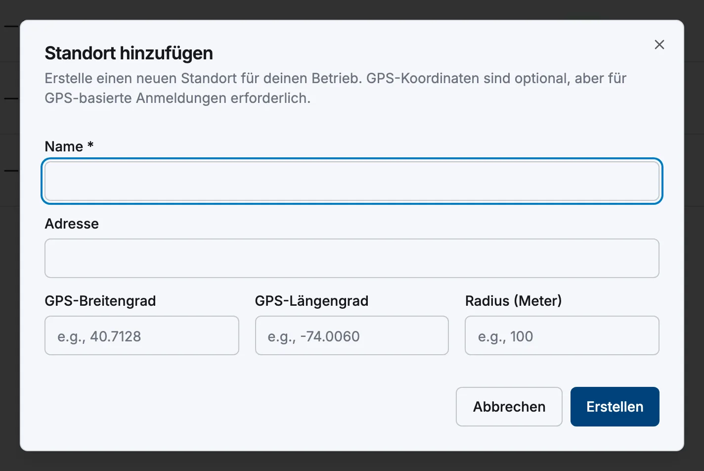 Der Dialog „Standort hinzufügen“ mit Feldern für Name und Adresse