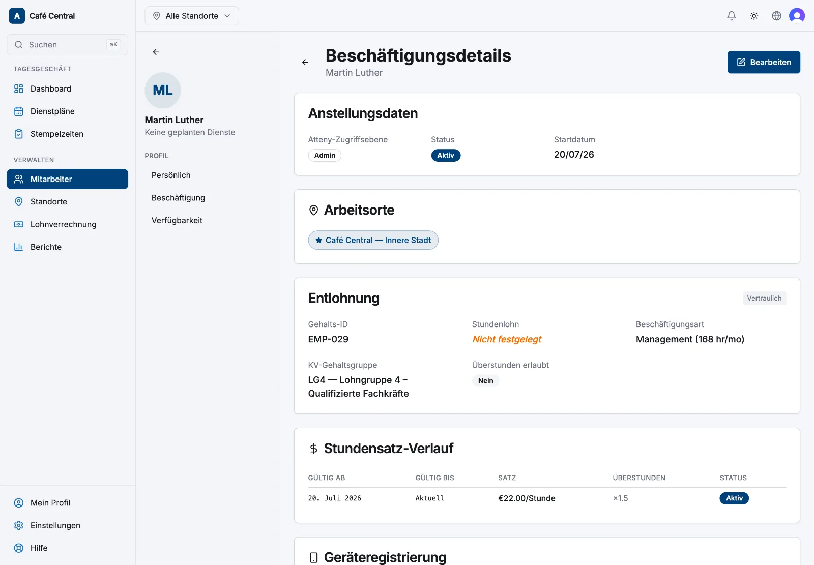 Der Tab „Beschäftigung“ eines Mitarbeiters mit dem Abschnitt „Entlohnung“ und der Vergütungssatz-Auswahl