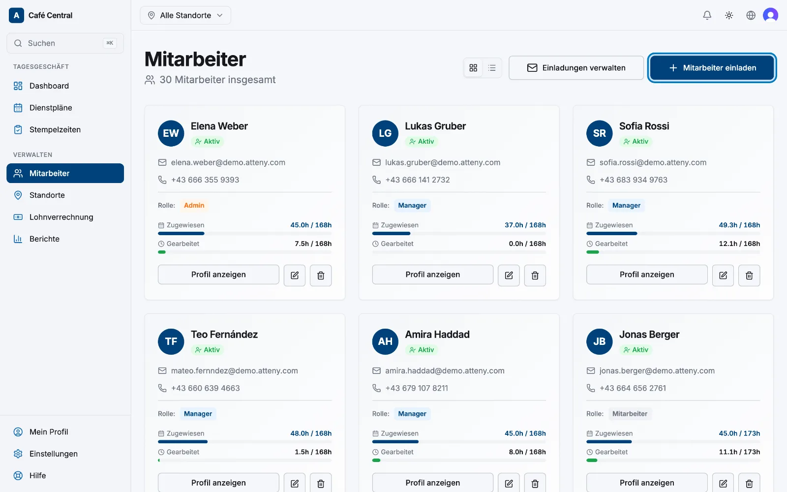 Die Seite Mitarbeiter mit hervorgehobenem Button „Mitarbeiter einladen“