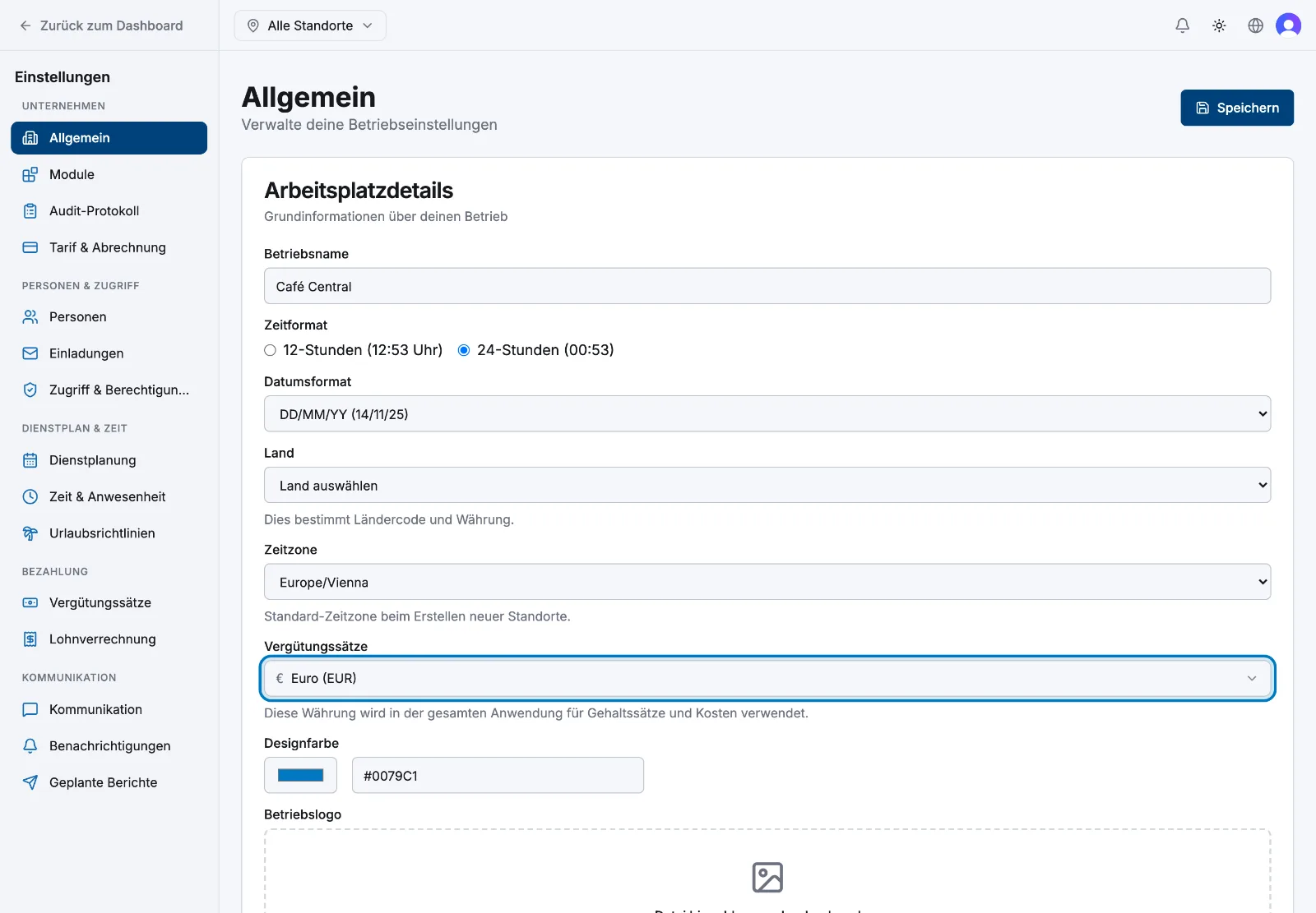 Die Währungsauswahl auf der Einstellungsseite Allgemein