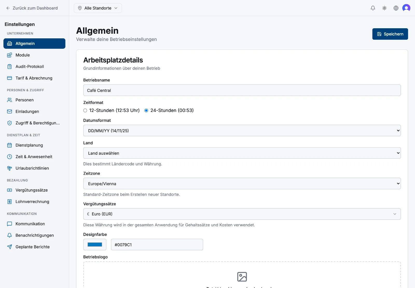 Die Einstellungsseite Allgemein mit der Karte „Arbeitsplatzdetails“