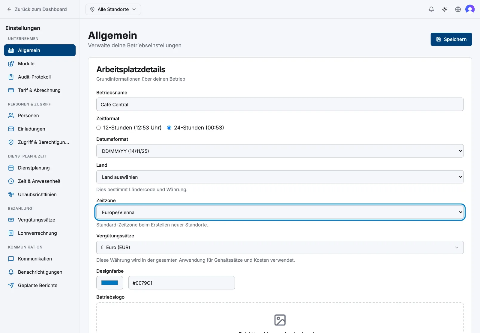 Die Auswahl der Zeitzone auf der Einstellungsseite Allgemein