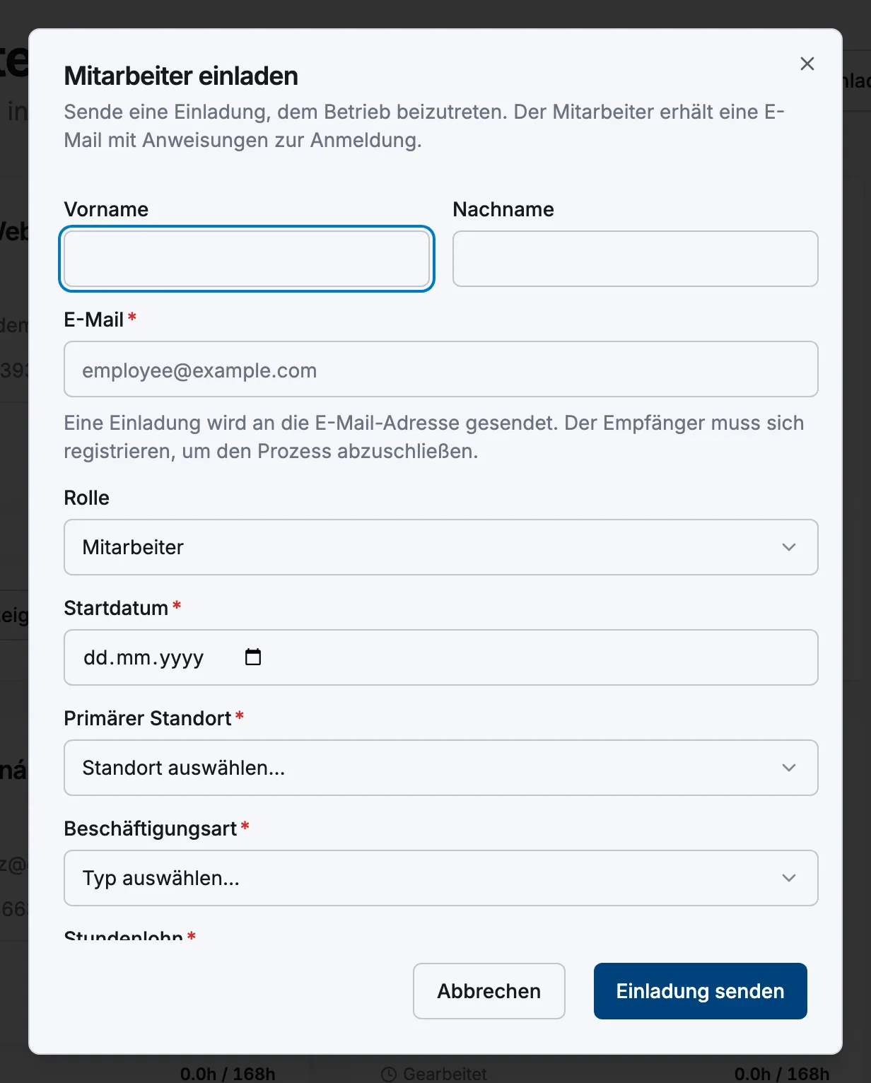 Der Dialog zum Einladen von Mitarbeitern mit E-Mail- und Beschäftigungsfeldern