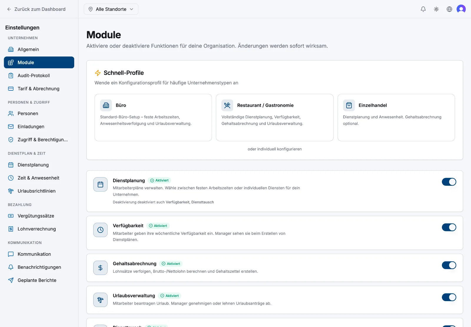 Die Einstellungsseite Module mit Schnell-Profilen und der Liste der Modulschalter