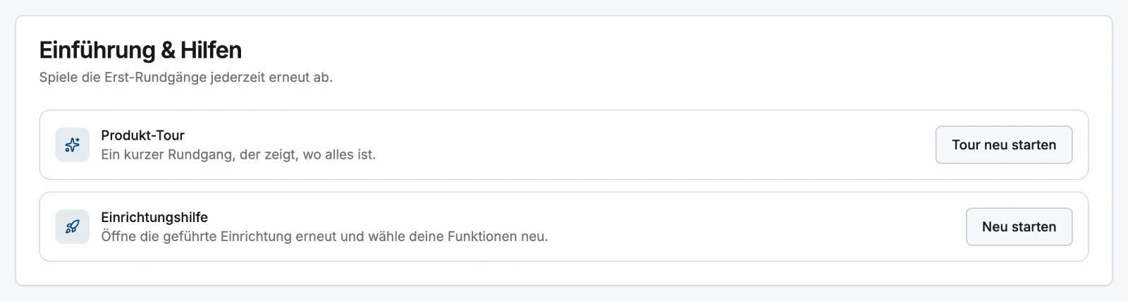 Die Karte „Einführung & Hilfen“ auf der Einstellungsseite Allgemein mit den Zeilen „Produkt-Tour“ und „Einrichtungshilfe“