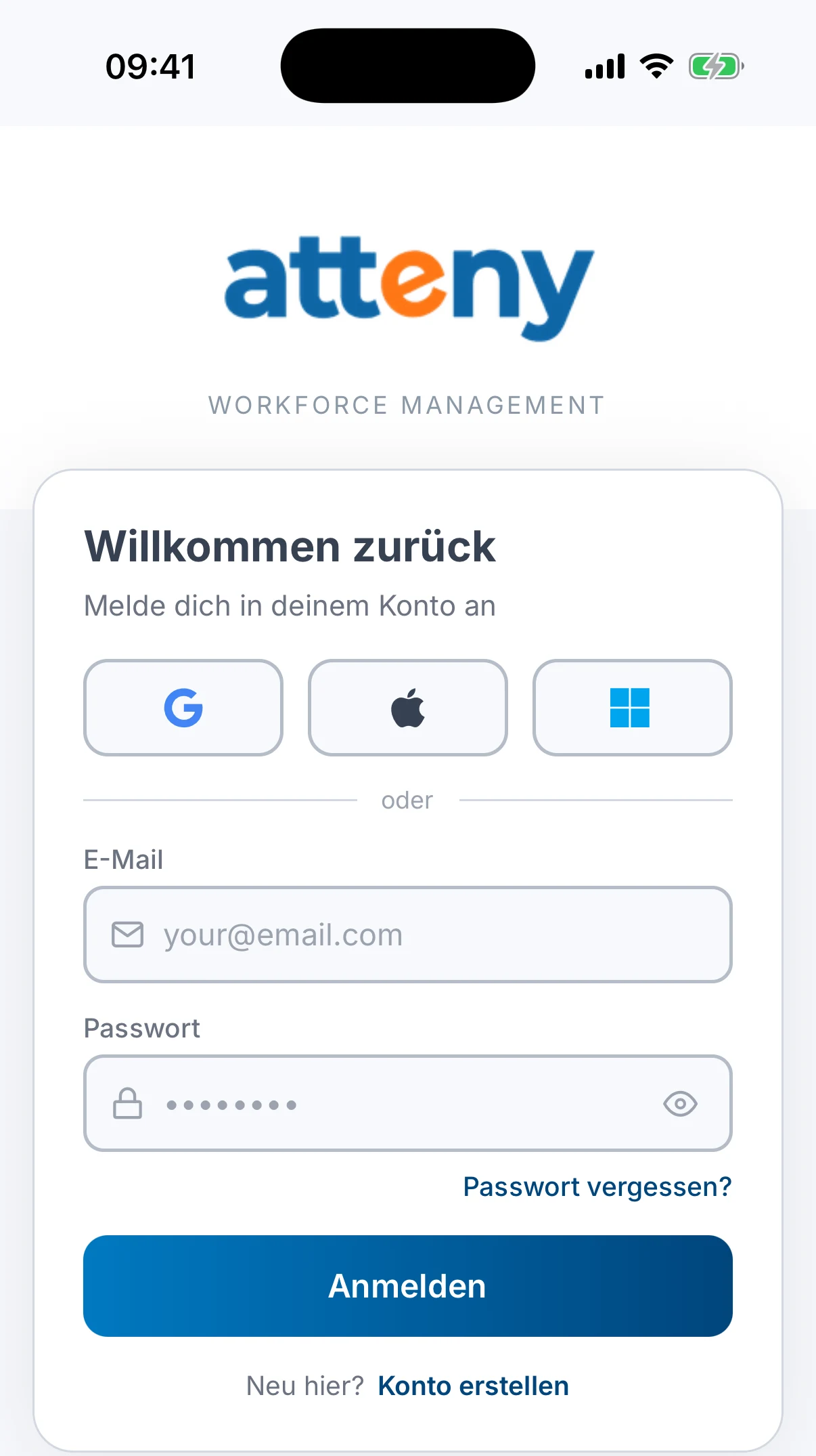 Der Anmeldebildschirm von Atteny mit Buttons für Google, Apple und Microsoft über den Feldern für E-Mail und Passwort