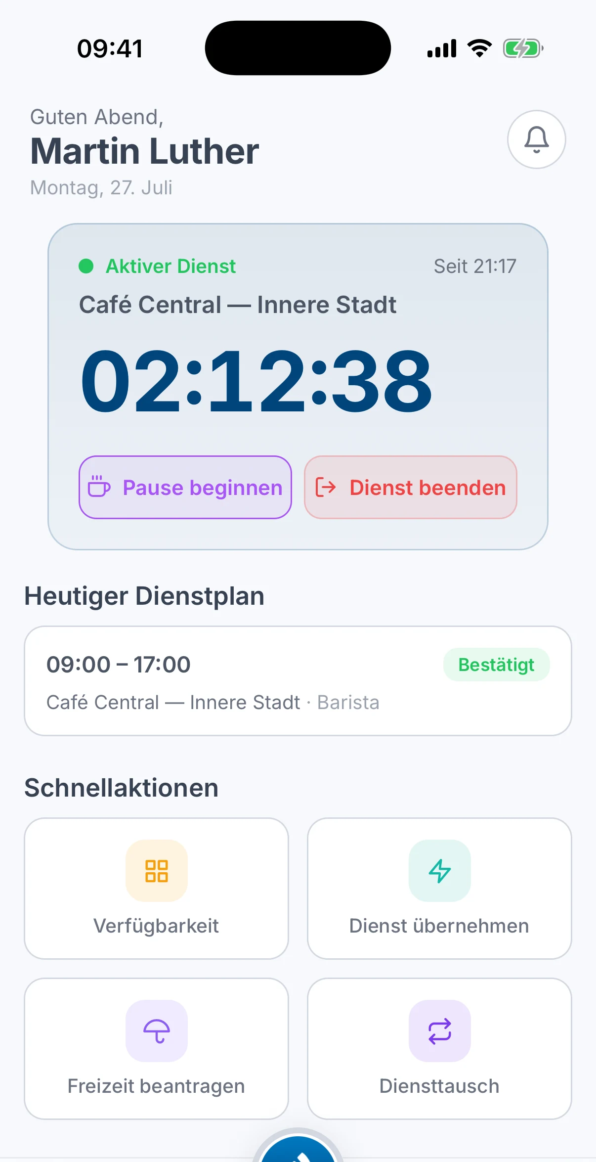 Die Startseite während eines Dienstes: die Karte Aktiver Dienst mit laufendem Timer, den Schaltflächen Pause beginnen und Dienst beenden sowie dem heutigen Dienstplan darunter