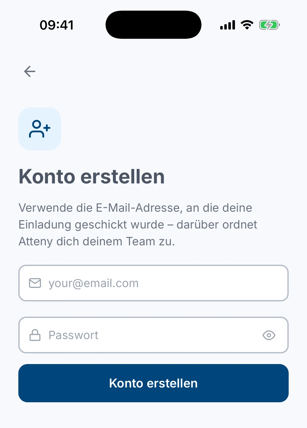 Der Bildschirm Konto erstellen mit dem Hinweis, die E-Mail-Adresse zu verwenden, an die die Einladung geschickt wurde