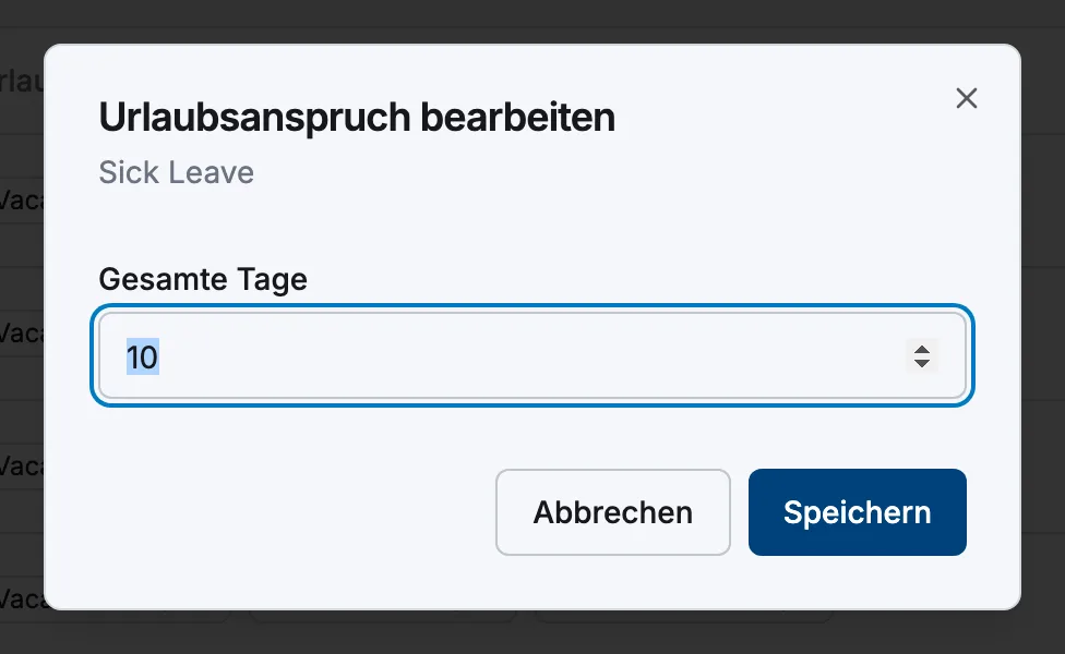 Das Fenster „Urlaubsanspruch bearbeiten“ mit dem Feld „Gesamte Tage“