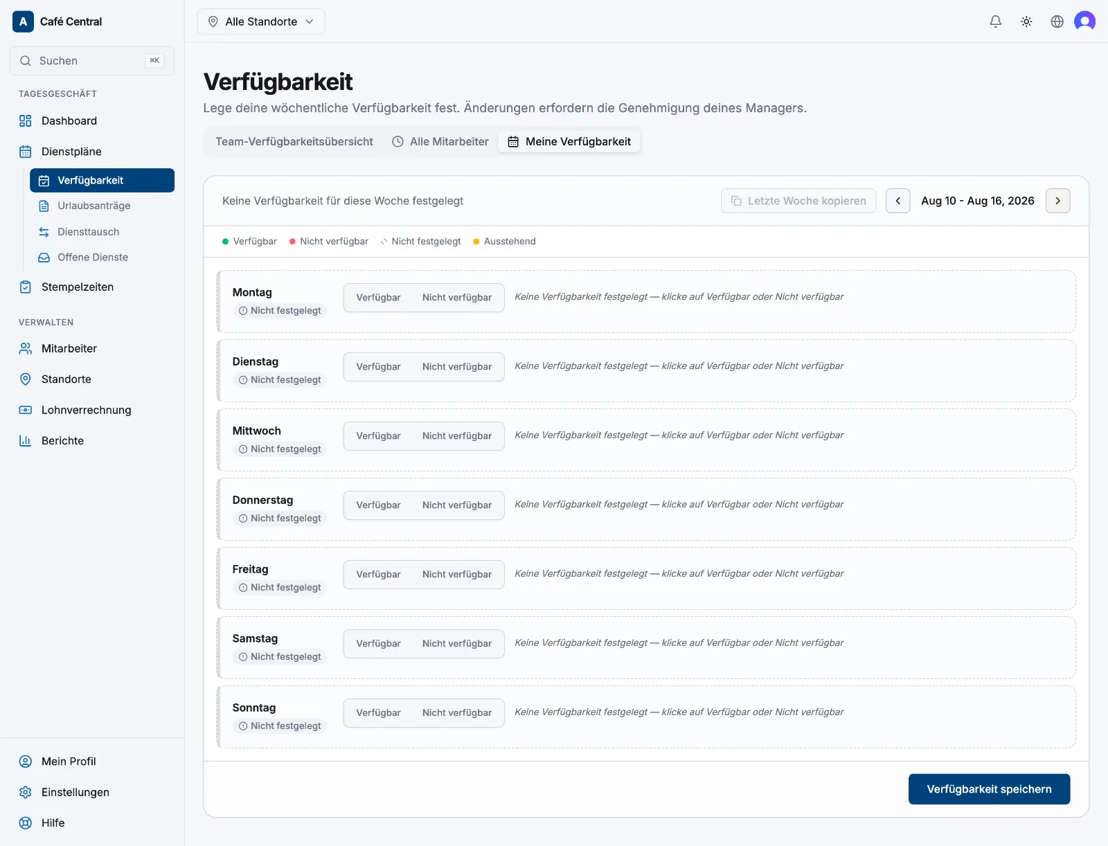 Der wöchentliche Verfügbarkeits-Editor mit sieben Tageszeilen, den Umschaltern Verfügbar/Nicht verfügbar und den Zeiträumen