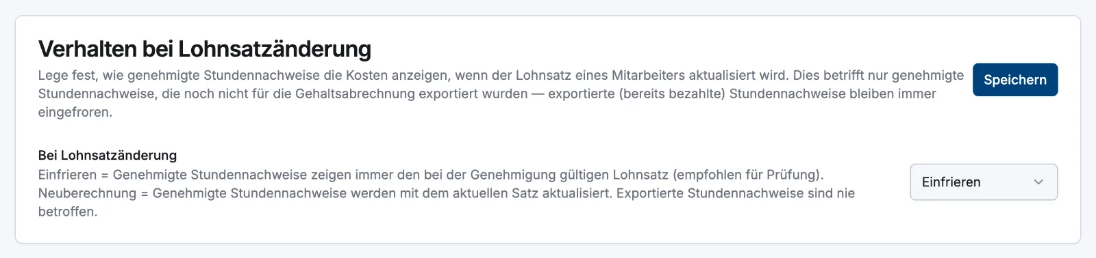 Die Karte „Verhalten bei Lohnsatzänderung“ in den Einstellungen für Bezahlung mit der Auswahl „Bei Lohnsatzänderung“
