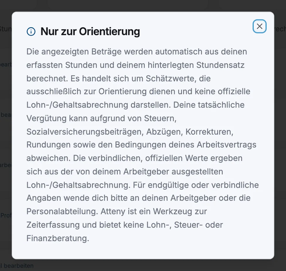 Der Dialog „Nur zur Orientierung“, geöffnet über den Link „Details“ auf der Seite Lohnverrechnung