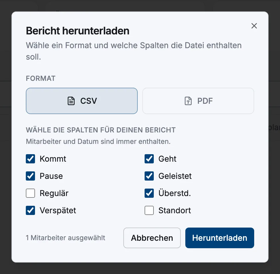 Der Dialog „Bericht herunterladen“ mit den Format-Schaltflächen CSV und PDF und dem Raster der Spalten-Häkchen