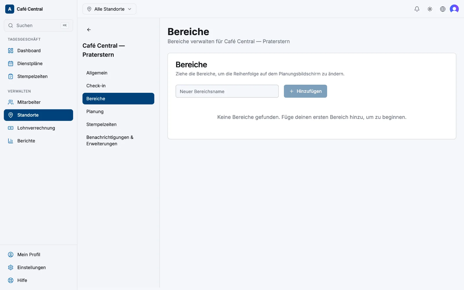 Der Tab „Bereiche“ eines Standorts mit den benannten Bereichen und ihren Farbfeldern