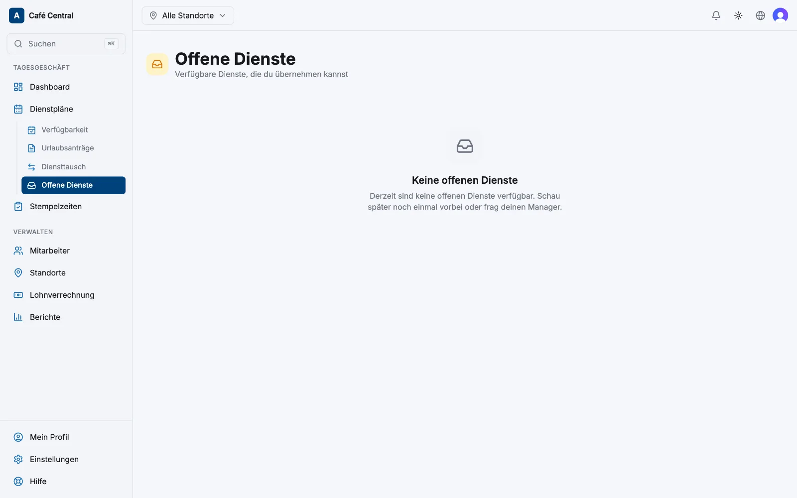 Die Seite „Offene Dienste“ mit den übernehmbaren Diensten und einem Button „Übernehmen“ auf jeder Karte