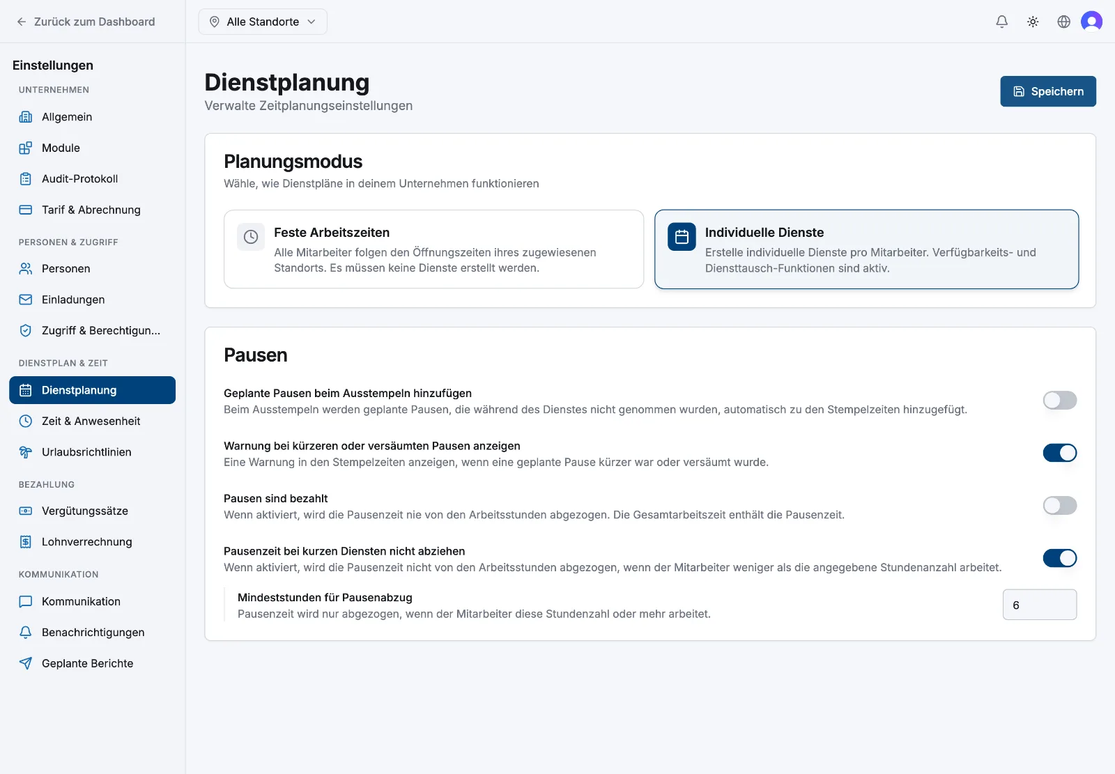 Die Einstellungsseite „Dienstplanung“ mit den Karten „Feste Arbeitszeiten“ und „Individuelle Dienste“