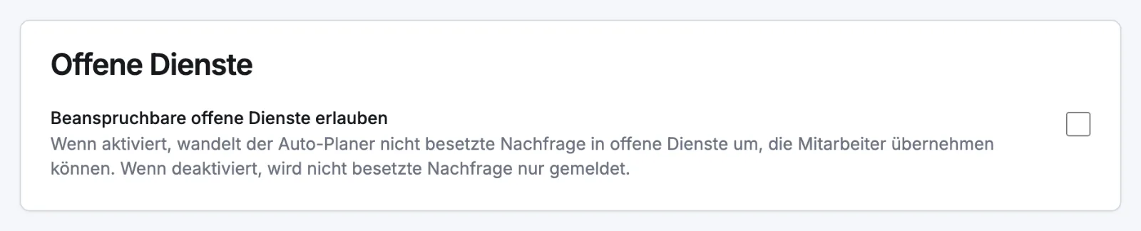 Das Kontrollkästchen „Beanspruchbare offene Dienste erlauben“ im Tab „Planung“ eines Standorts