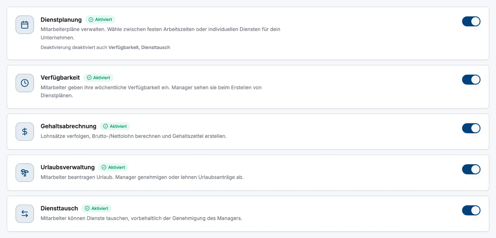 Die fünf Modulkarten auf der Einstellungsseite Module mit den Kennzeichnungen Aktiviert und Deaktiviert und den Hinweisen zu den Abhängigkeiten