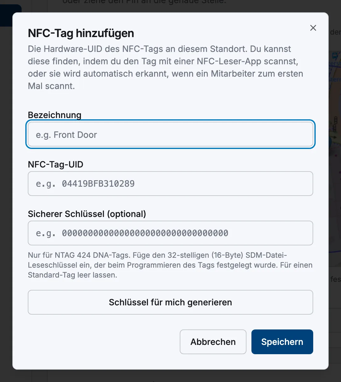 Der Dialog „NFC-Tag hinzufügen“ mit den Feldern Bezeichnung, NFC-Tag-UID und Sicherer Schlüssel