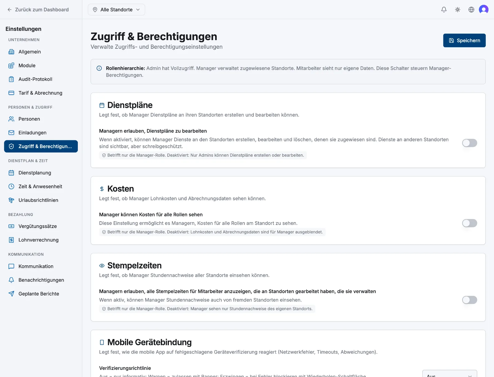 Die Einstellungsseite „Zugriff & Berechtigungen“ mit den Manager-Schaltern für Dienstpläne, Kosten und Stempelzeiten