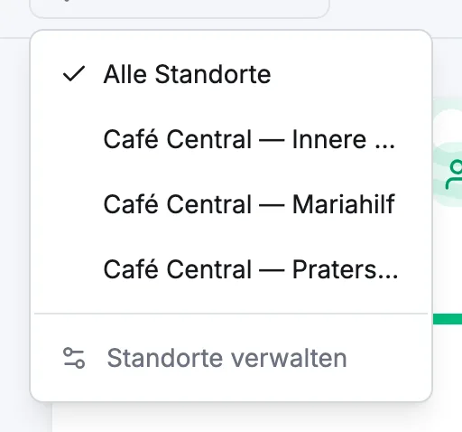Das geöffnete Standort-Menü in der Kopfzeile mit „Alle Standorte“, den einzelnen Standorten und „Standorte verwalten“