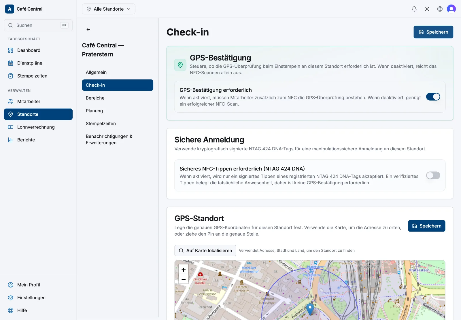 Der Tab „Check-in“ eines Standorts mit dem Karten-Pin und dem Feld für den Geofence-Radius