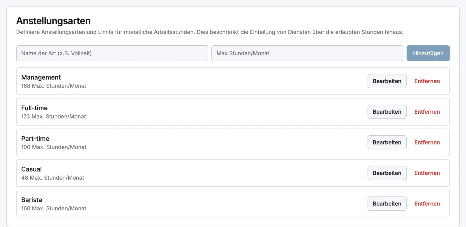 Die Karte „Anstellungsarten“ in den Einstellungen für Vergütungssätze mit jeder Art und ihren max. Stunden pro Monat