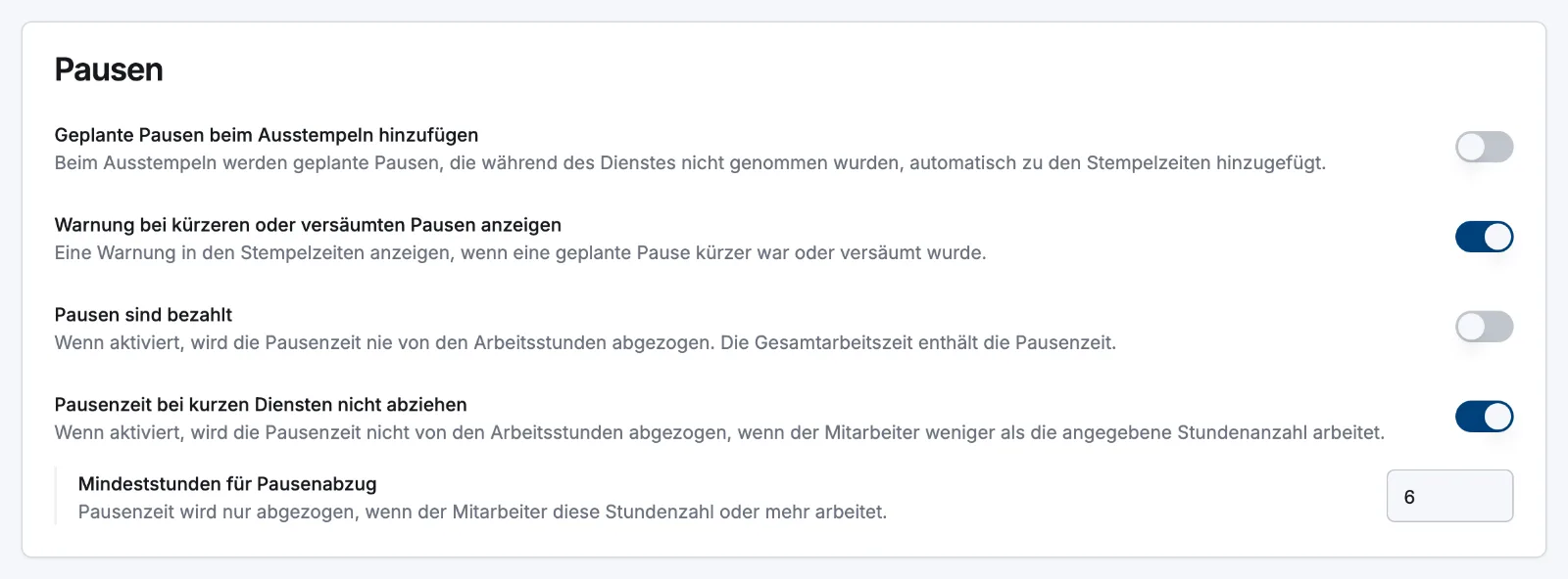 Der Abschnitt „Pausen“ unter Einstellungen → Dienstplanung mit den Schaltern für bezahlte Pausen, Abzug und Warnungen