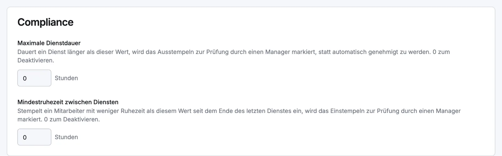 Die Karte „Compliance“ in den Einstellungen für Zeit & Anwesenheit mit maximaler Dienstdauer und Mindestruhezeit zwischen Diensten