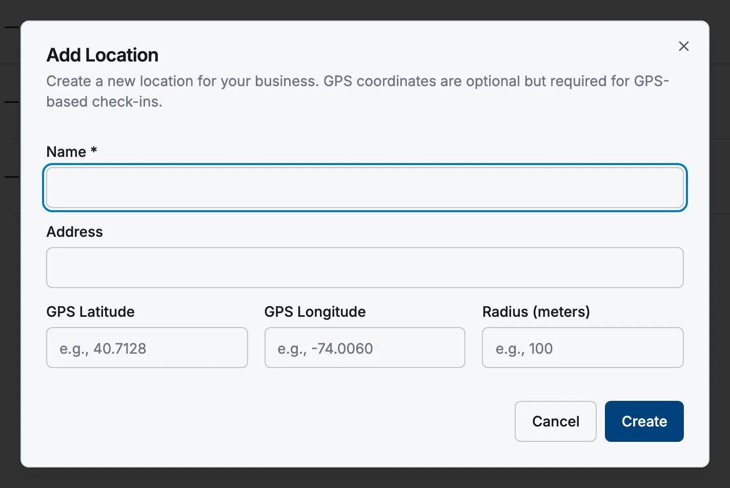 The Add Location dialog with Name and Address fields