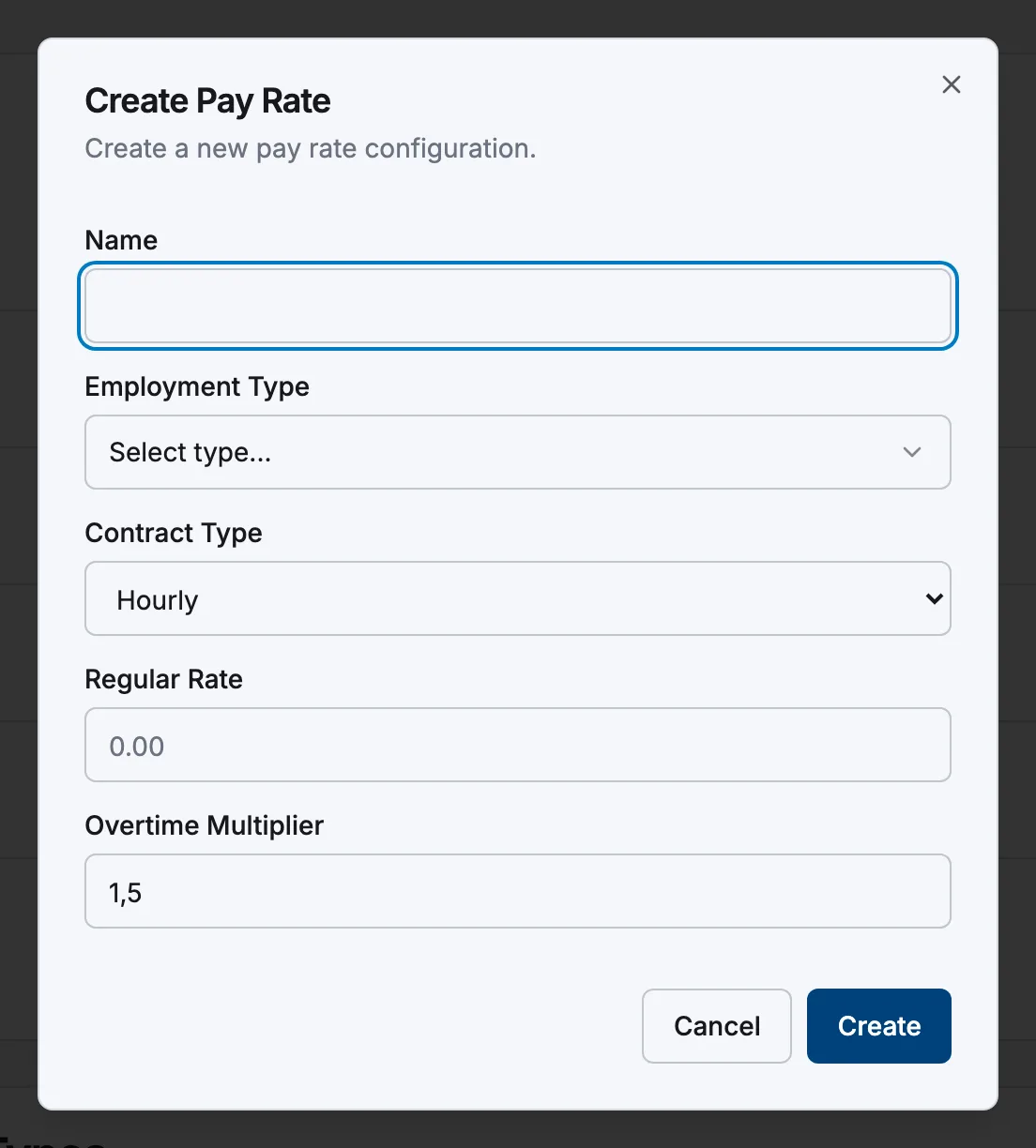 The Create Pay Rate dialog with Name, Employment Type, Contract Type and Regular Rate fields