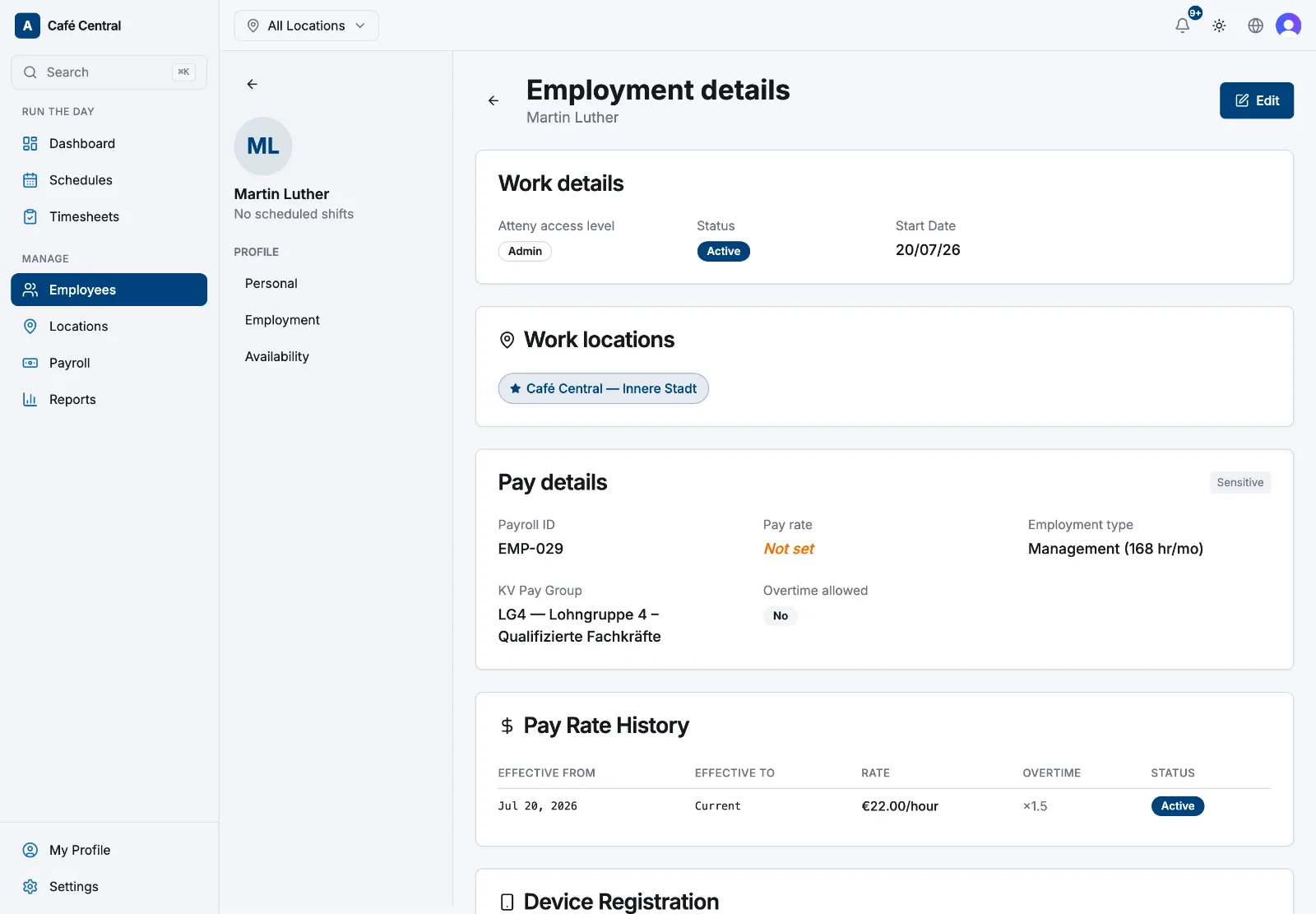 An employee's Employment tab with the Pay details section and pay rate selector