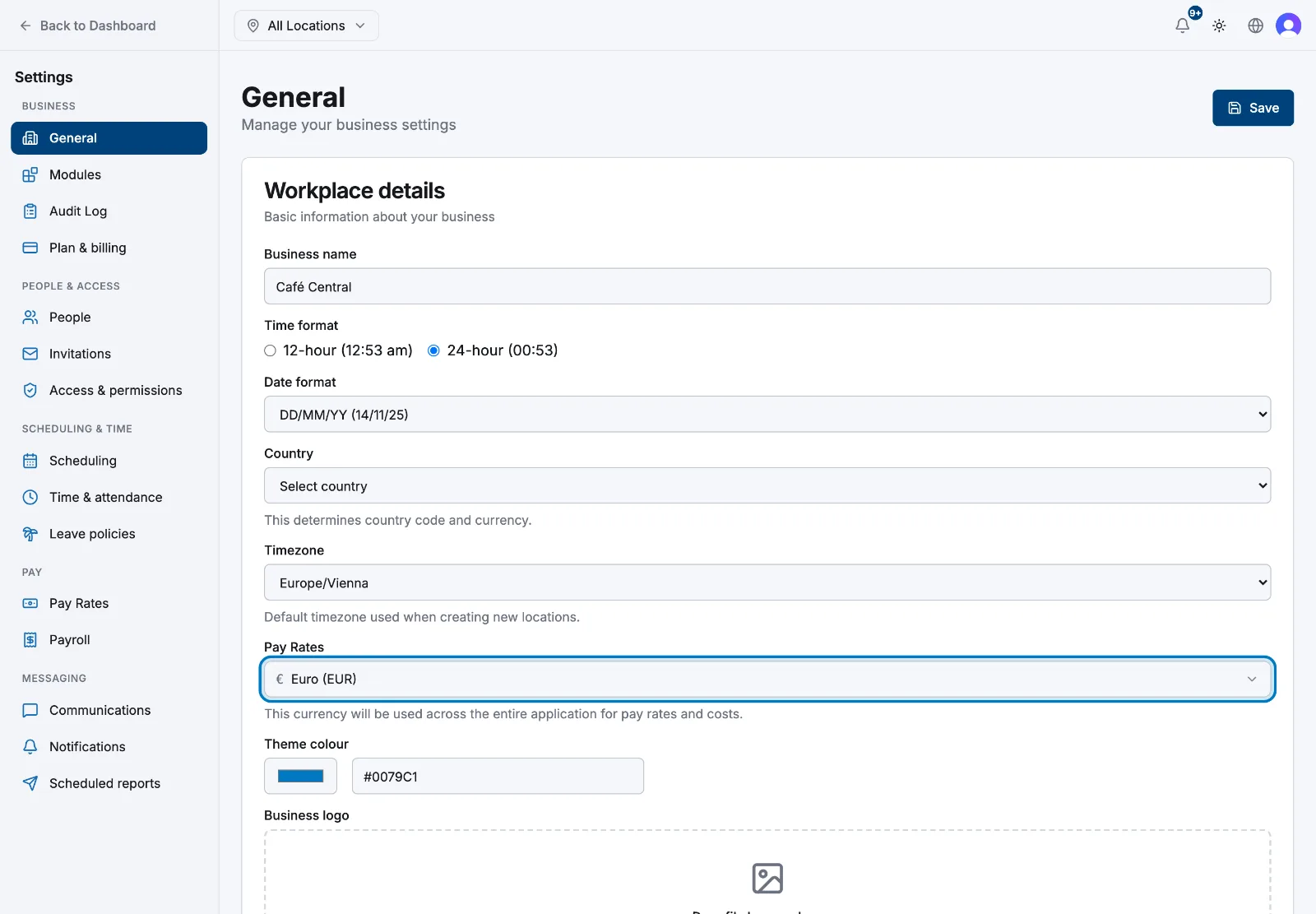 The currency selector on the General settings page