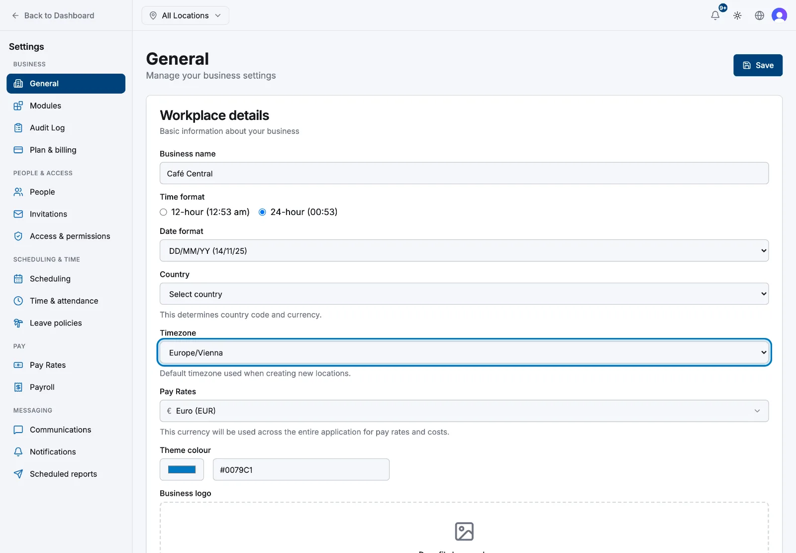 The Timezone selector on the General settings page