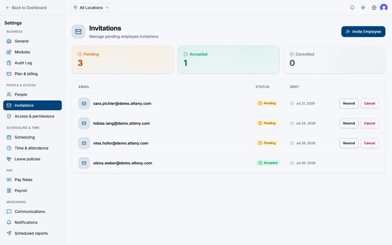 The Settings Invitations page with Pending, Accepted and Cancelled tiles and pending rows each offering Resend and Cancel