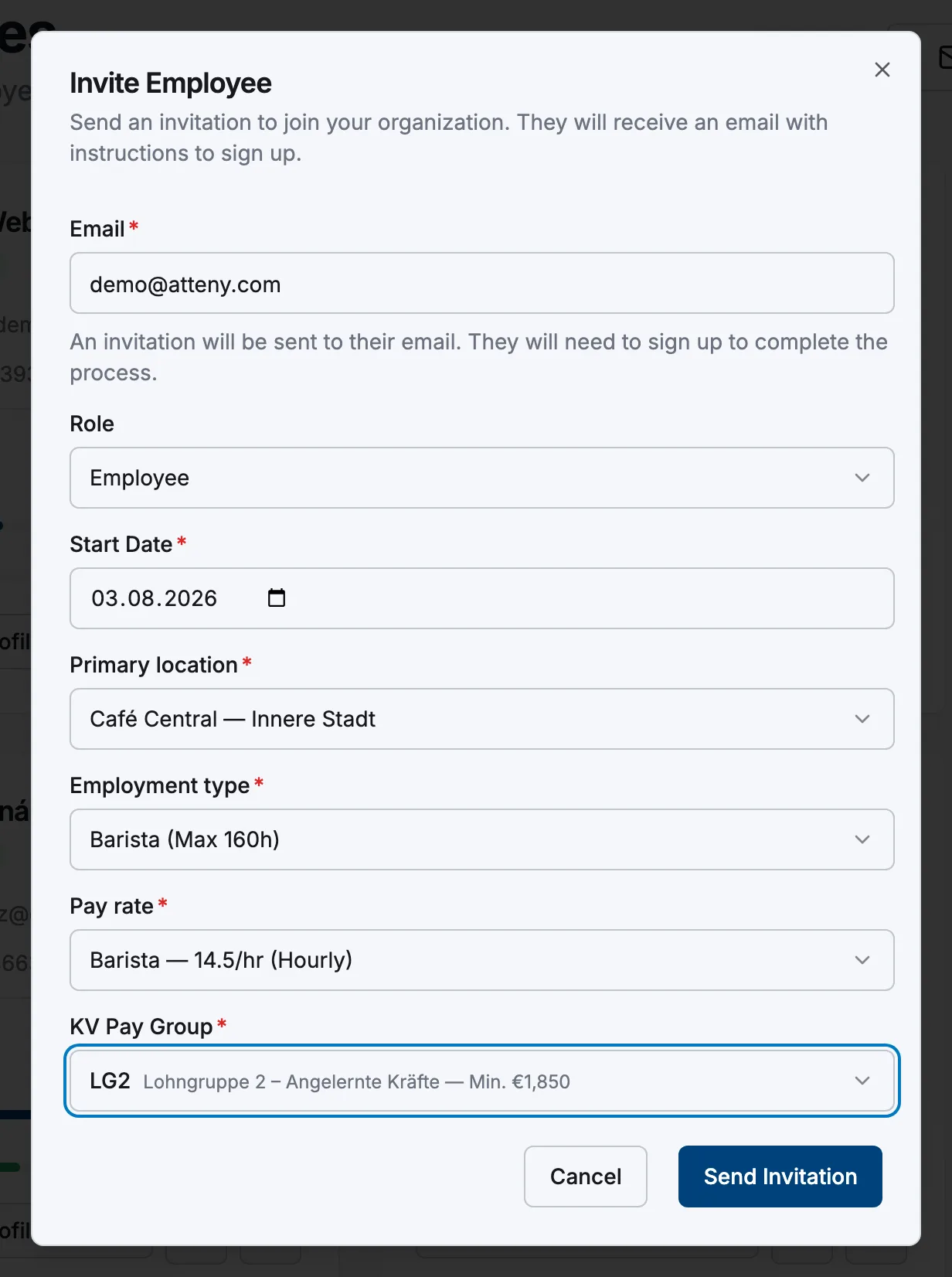 The invite dialog filled in with an email, start date, location, employment type, pay rate and KV pay group, with the Send invitation button ready
