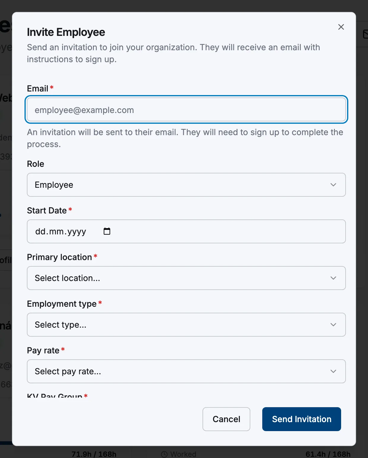 The invite employee dialog with email and employment fields