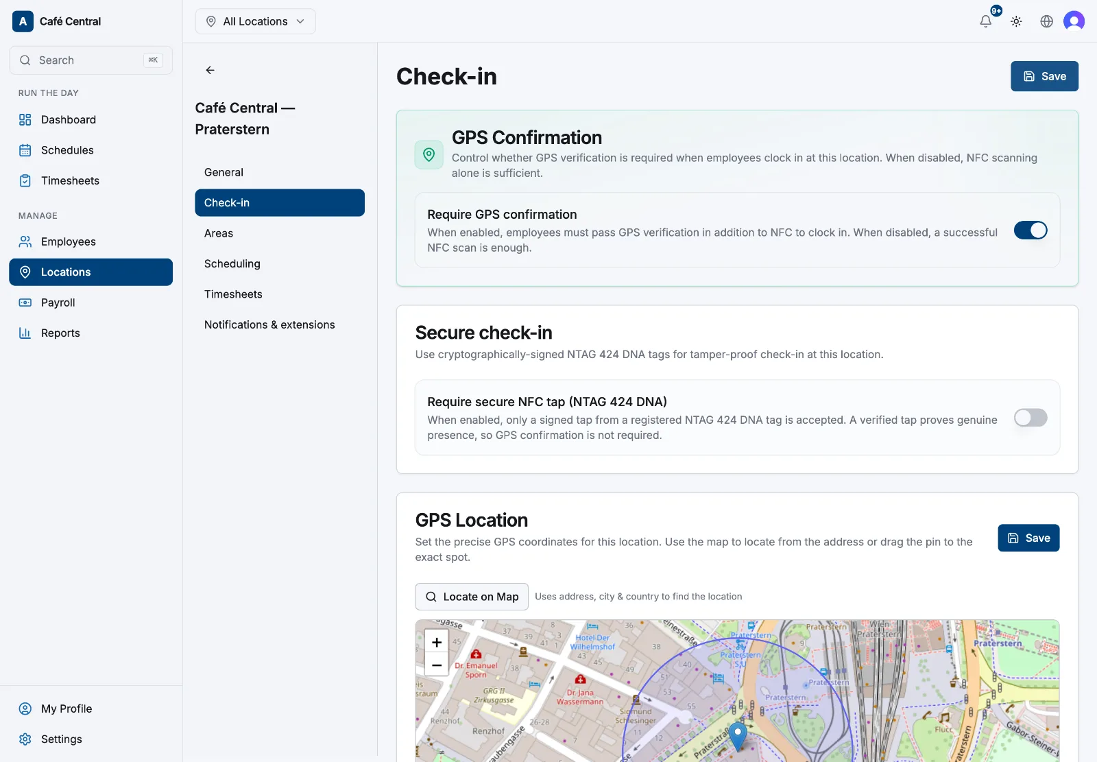 The GPS Location card on the Check-in tab with a draggable map pin and radius