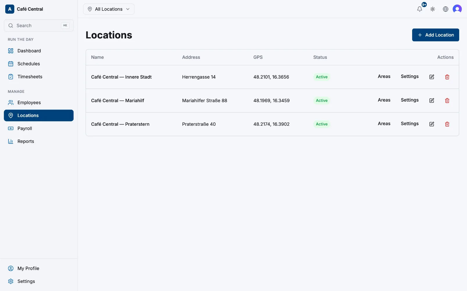 The Locations list with the Add Location button in the top-right