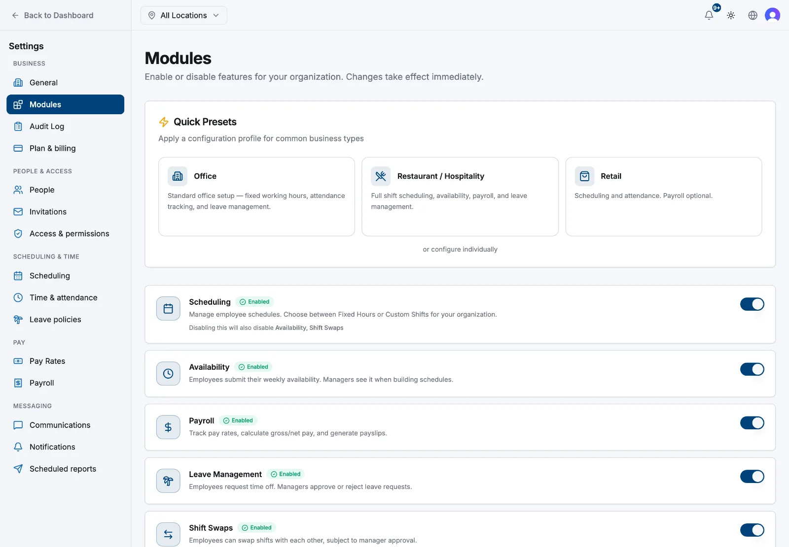 The Modules settings page showing quick presets and the list of module toggles