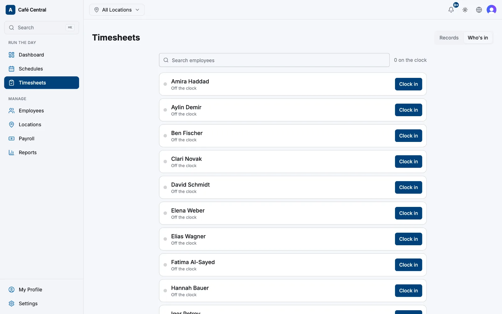 The Who's in tab showing employees currently clocked in