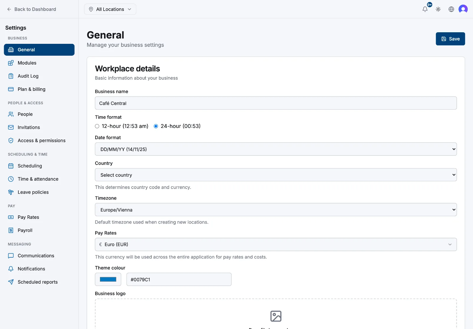 The General settings page showing the Workplace details card