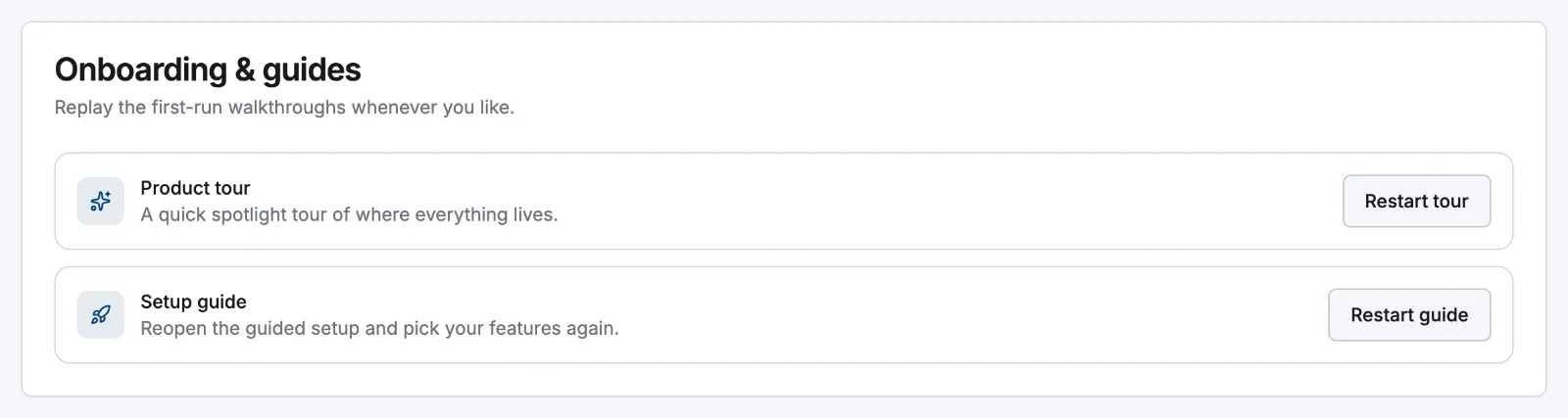 The Onboarding & guides card on the General settings page, with Product tour and Setup guide rows
