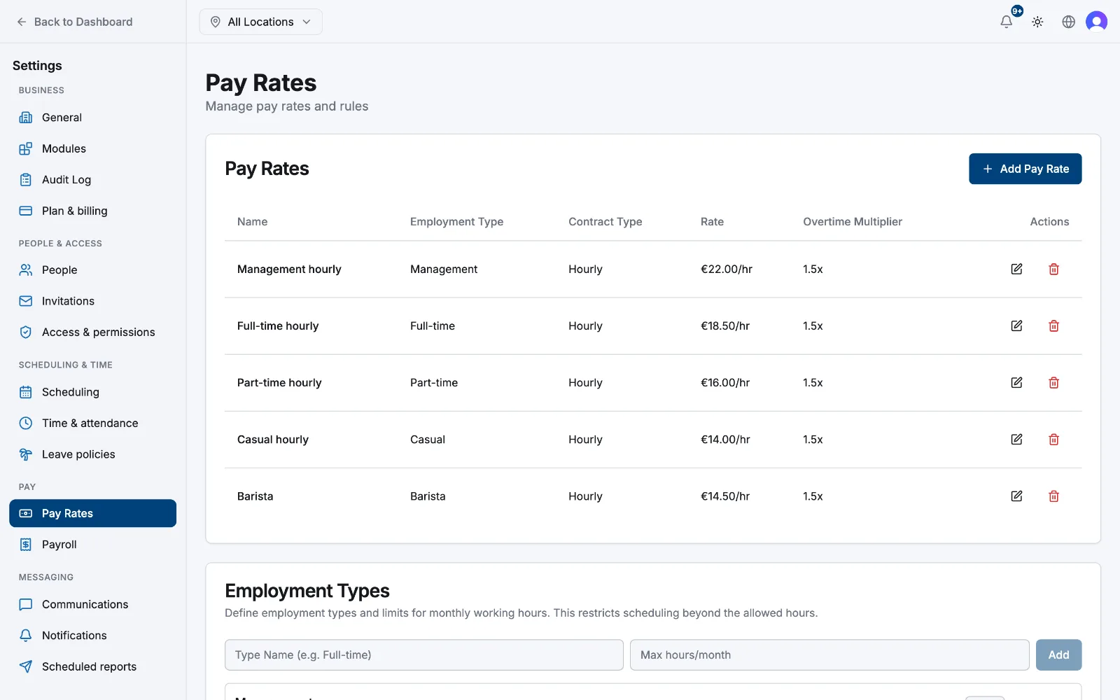 The Pay Rates settings page showing the pay rates table and the Employment Types section