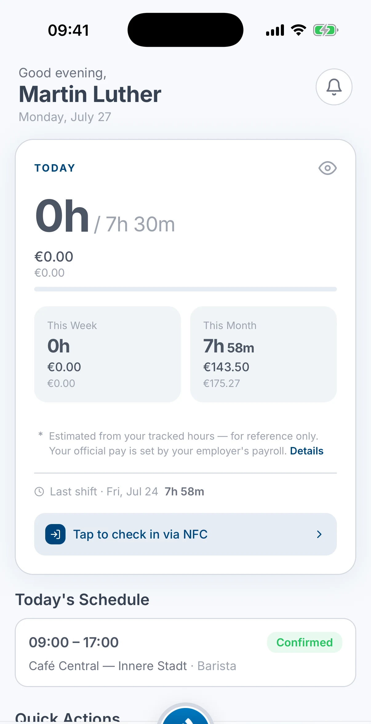 The mobile Home tab showing today's hours, this week's and this month's totals, and the Tap to check in via NFC card
