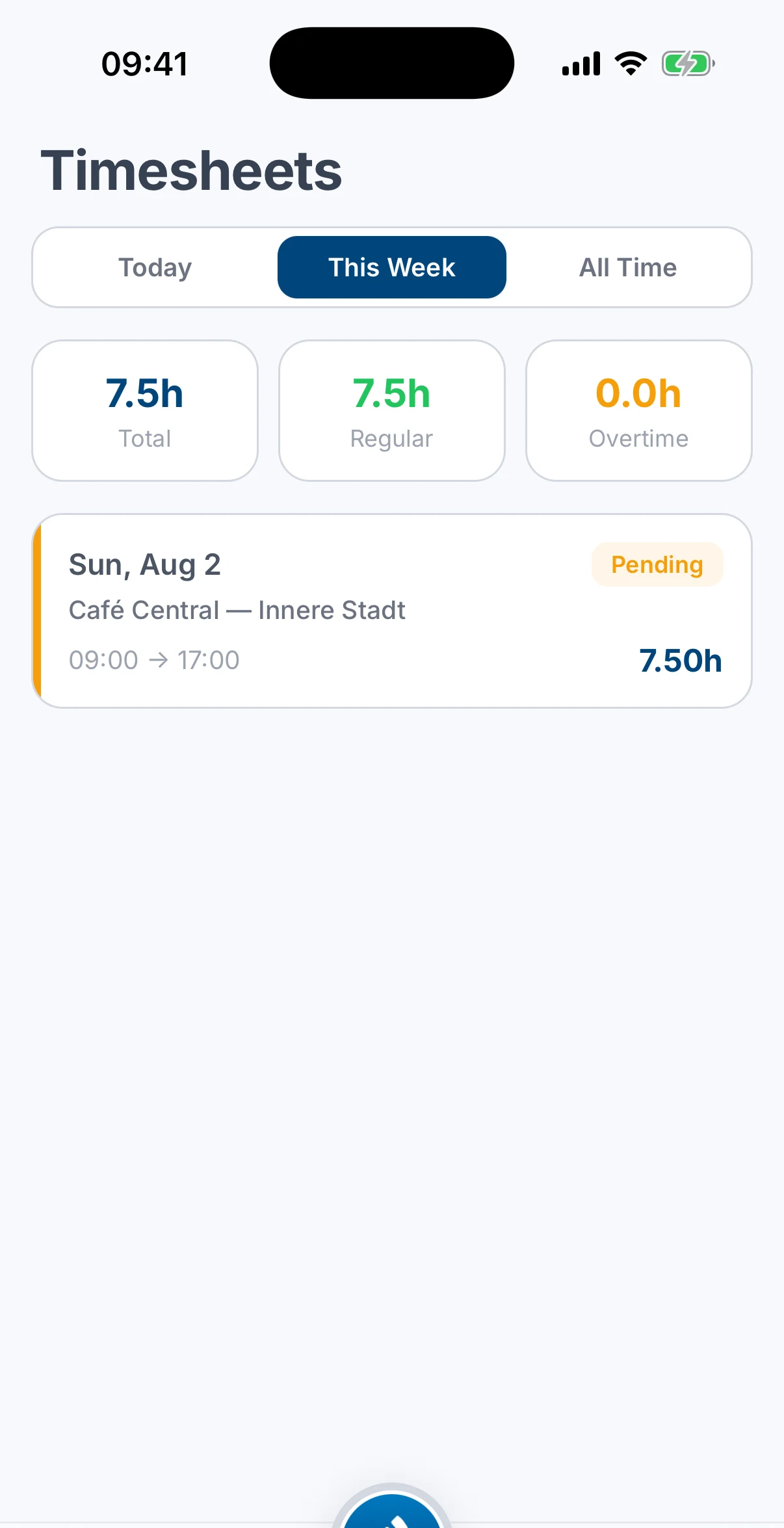 The Timesheets tab with Total, Regular and Overtime totals above a pending entry showing its location, hours and clock-in and clock-out times